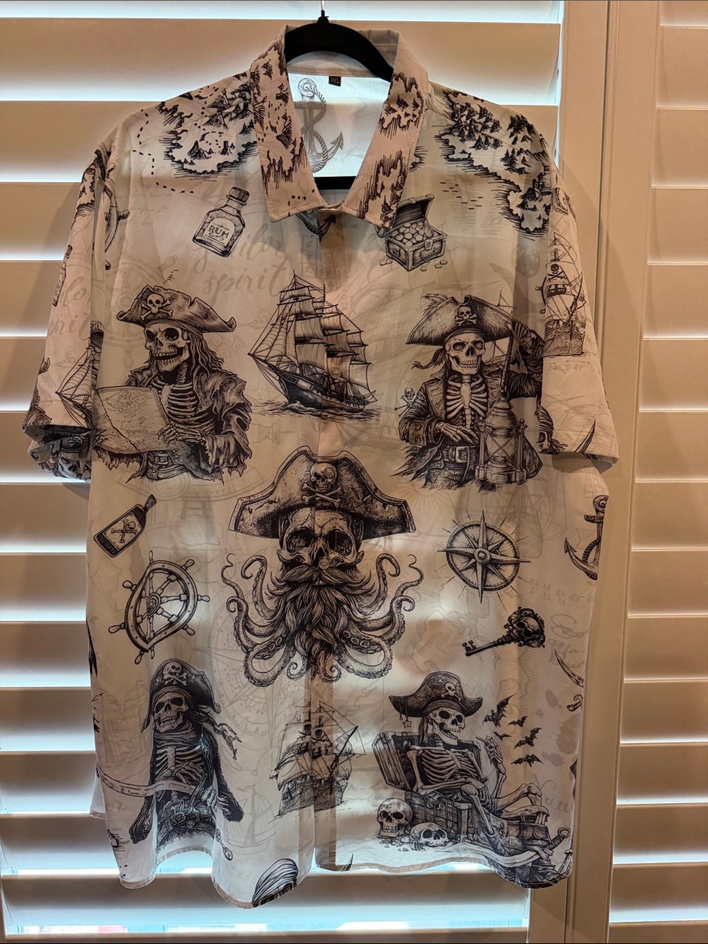 Amazon White and Black Pirate Print Casual Button Down Shirt